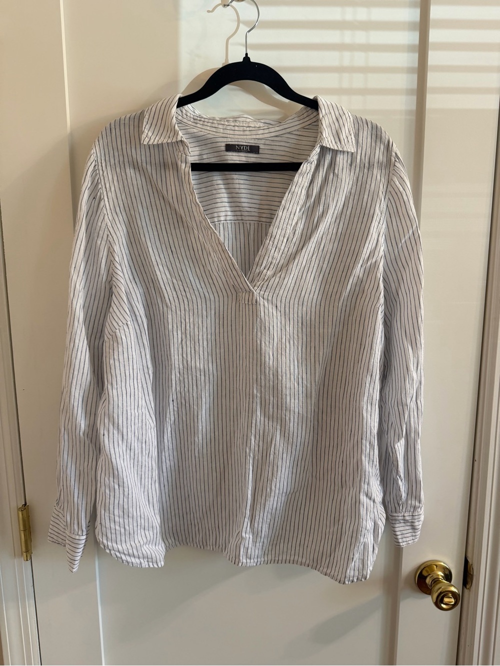 NYDJ White and Blue Linen Striped Button-Down Shirt - Picture 2 of 4